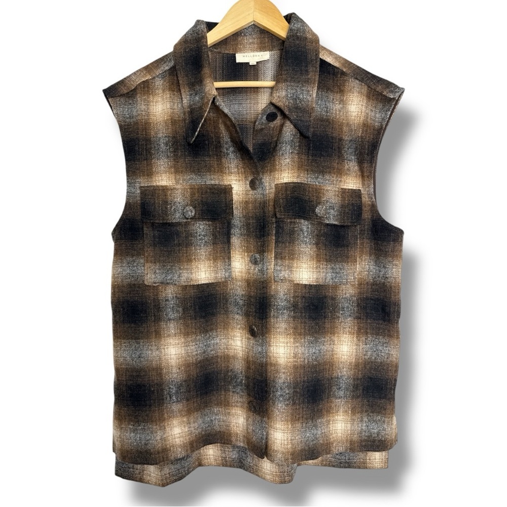 Mellowday Plaid Brown Layering Flannel Vest Wool Blend Size M